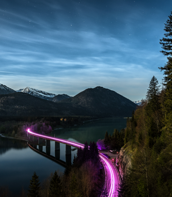 winding bridge with bright light