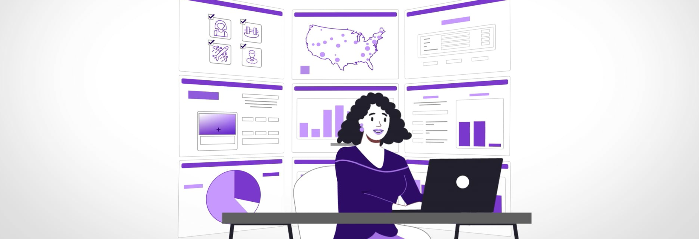 Illustration of a woman using FreeWheel Buyer Cloud with charts and graphs in the back