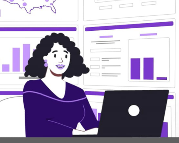 Illustration of a woman using FreeWheel Buyer Cloud with charts and graphs in the back