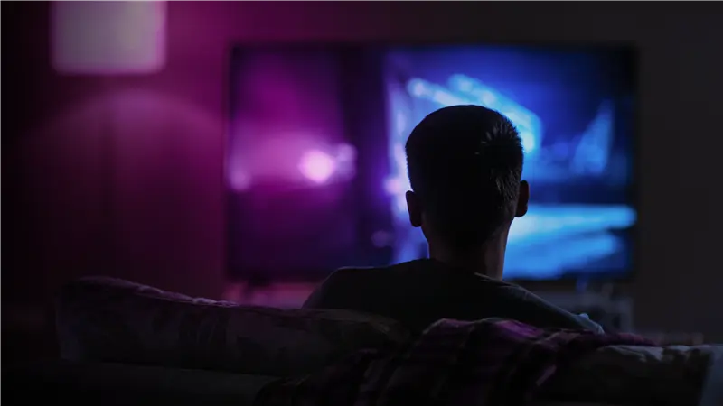 A view from behind of a person in a dark room watching a TV